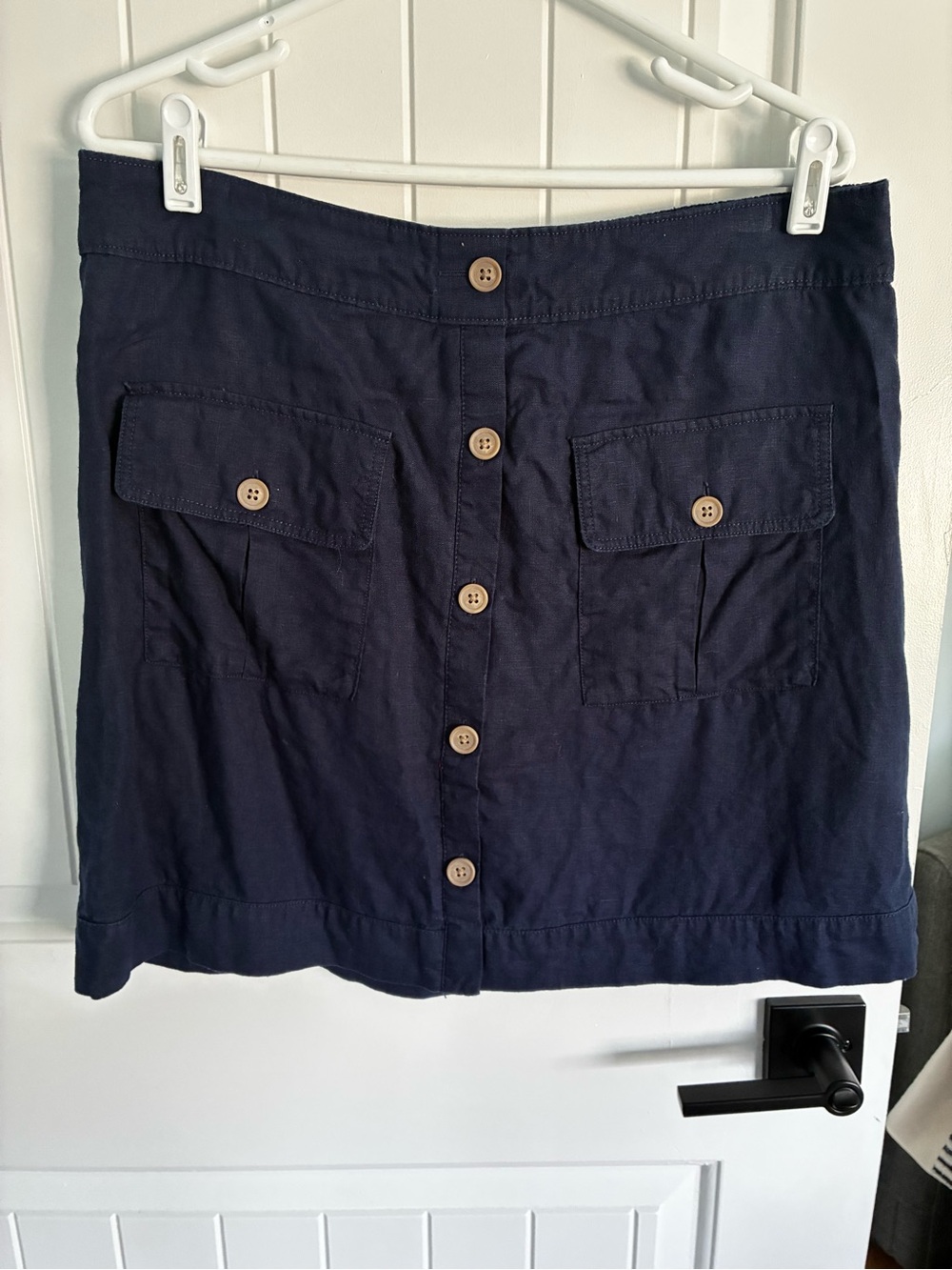 Button-Front Navy Mini Skirt with Patch Pockets 100% Linen